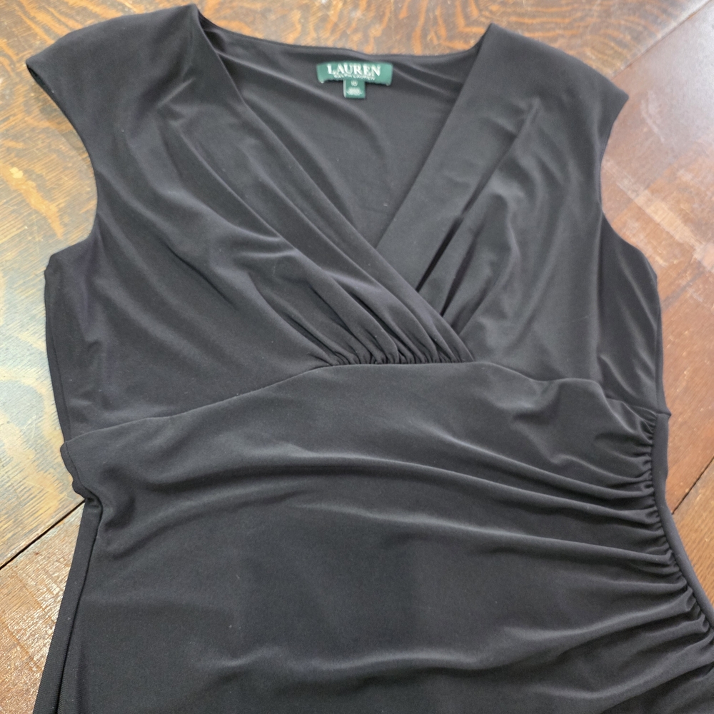 Lauren Ralph Lauren Black Sleeveless Ruched Faux-Wrap Midi Dress - Size 10 - Picture 10 of 12